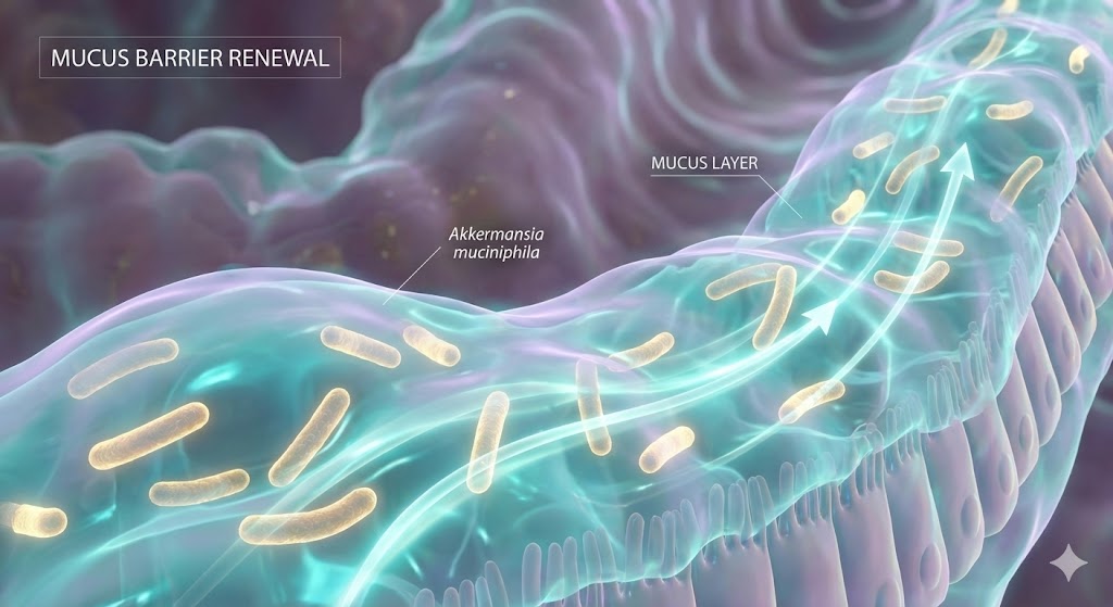 3D illustration of Akkermansia muciniphila interacting with the mucus layer