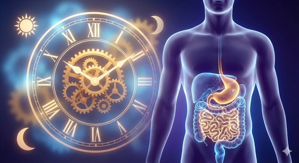 3D illustration showing the relationship between circadian rhythm and gut health with a clock and digestive organs