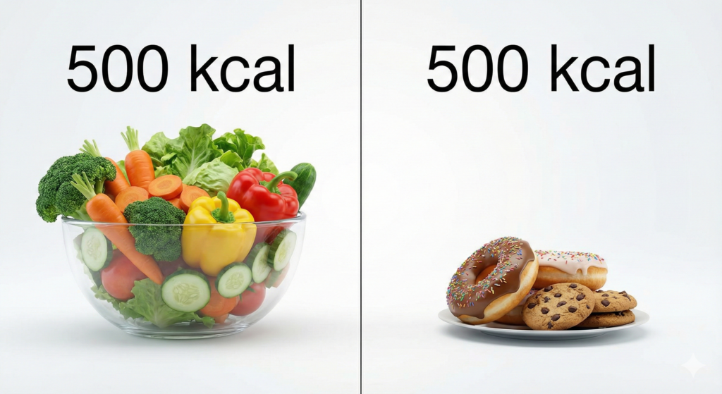 Visual comparison of volume between 500 calories of vegetables and processed snacks