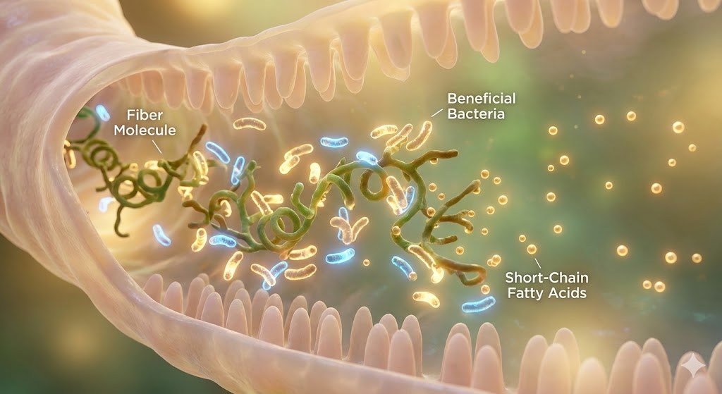 Scientific visualization of gut bacteria breaking down nutrients in the intestine