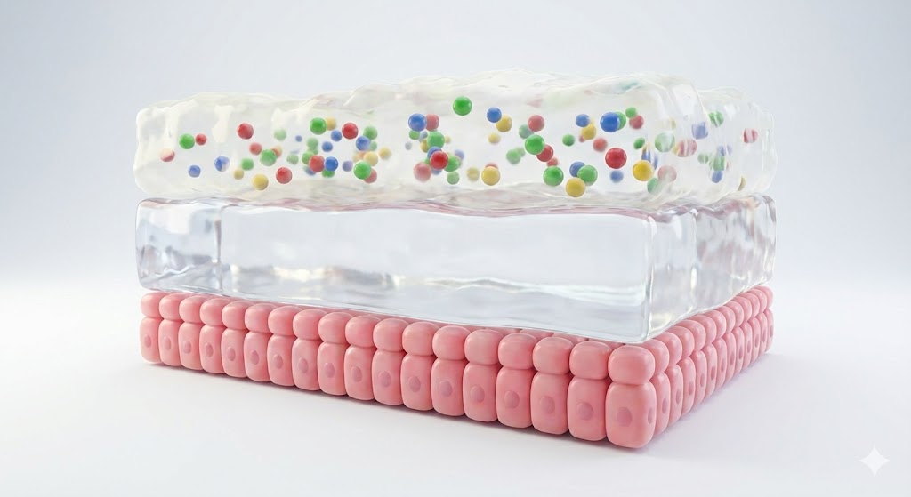 Cross-section 3D illustration of intestinal wall and mucus layer