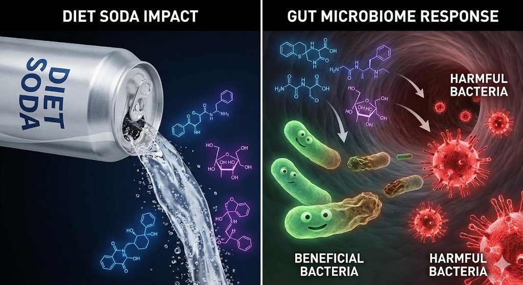왼쪽에는 차가운 제로 콜라 캔과 인공 감미료 분자가 보이고, 오른쪽에는 그 분자들이 장내의 유익균(녹색)을 공격하여 유해균(붉은색)으로 변하게 만드는 과정을 묘사한 3D 인포그래픽.