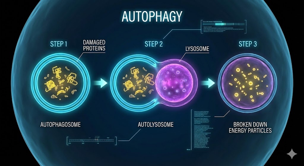 세포 내부에서 오토파고좀(Autophagosome)이라는 막이 노란색 쓰레기 단백질을 감싸고, 보라색 리소좀(Lysosome)과 융합하여 이를 분해하는 과정을 3단계로 보여주는 3D 다이어그램.