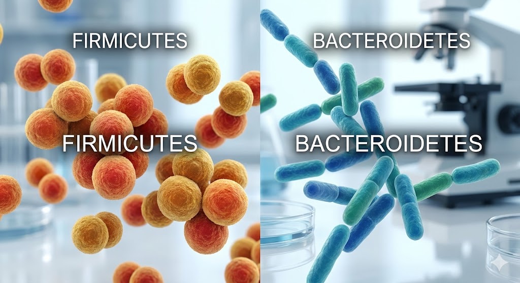 뚱보균으로 불리는 후벽균과 날씬균으로 불리는 의간균의 구조적 차이를 비교한 3D 미생물 일러스트
