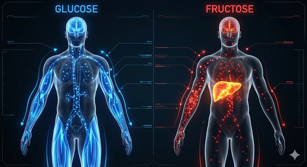 인체의 간(Liver)이 붉게 빛나는 과당 분자들의 집중 포화를 맞는 모습과, 반대로 푸른색 포도당 분자들은 전신 근육으로 퍼져나가는 모습을 대조한 3D 의료 다이어그램.