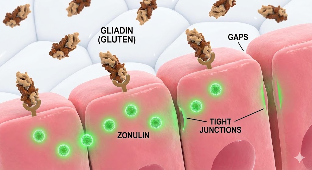 밀가루의 글루텐 분자(글리아딘)가 장세포 표면의 수용체와 결합하자, 세포 사이의 문(밀착 연접)이 열리는 메커니즘을 묘사한 3D 의료 다이어그램.
