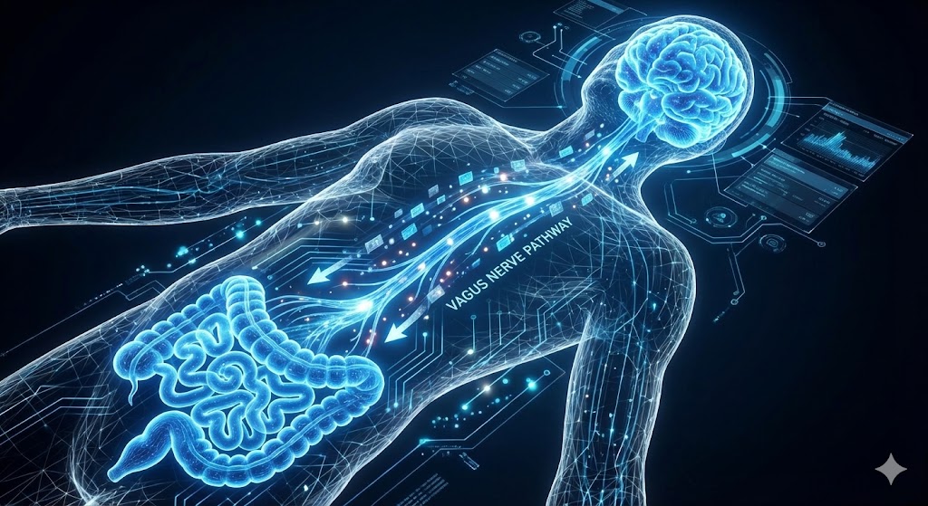 뇌와 장을 연결하는 미주신경과 신호 전달 경로를 보여주는 3D 의료 일러스트