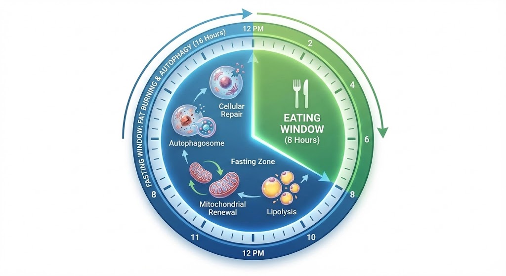 24시간 시계 모양의 인포그래픽. 8시간 구간(낮 12시~저녁 8시)은 초록색으로 '식사 시간(Eating Window)'이라 적혀 있고, 나머지 16시간 구간은 파란색으로 '지방 연소 & 세포 청소(Fasting & Autophagy)'라고 표시됨. 인체 실루엣에서 배터리가 충전되는 아이콘 포함.