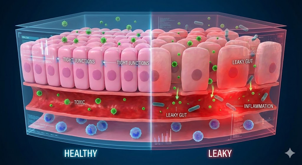 왼쪽은 장세포들이 단단히 결합된 건강한 상태, 오른쪽은 틈이 벌어져 독소 입자가 혈관으로 침투하는 장 누수 상태를 비교한 3D 의료 단면도.