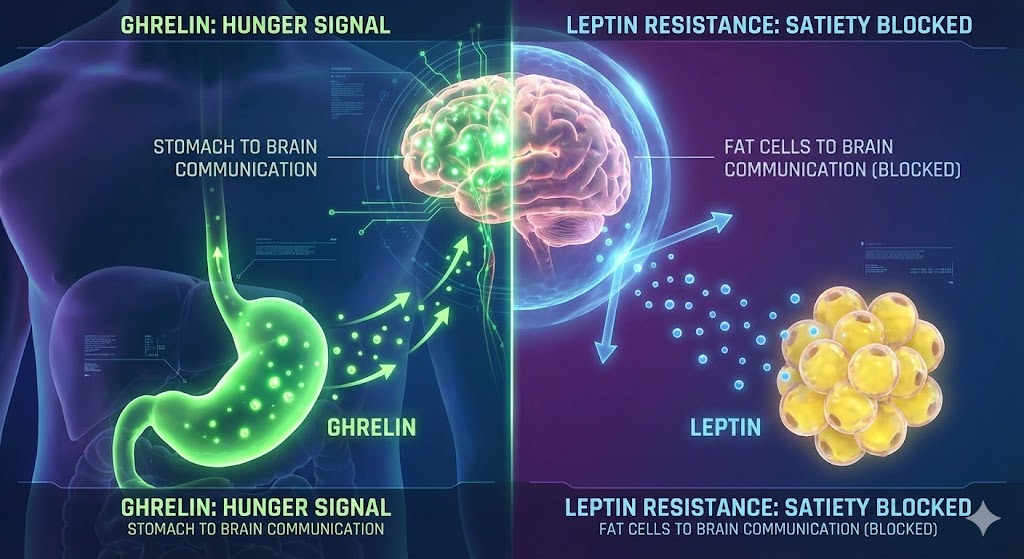 왼쪽에는 위장(Stomach)에서 분비된 녹색 그렐린 신호가 뇌로 가는 모습, 오른쪽에는 지방세포(Fat cells)에서 분비된 파란색 렙틴 신호가 뇌로 가지만 차단되는(저항성) 모습을 대조한 3D 인포그래픽