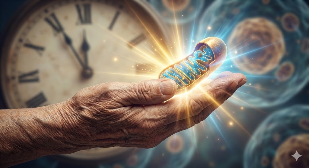 노화된 손이 젊은 에너지의 원천인 빛나는 미토콘드리아를 감싸 쥐고 있는 모습을 표현한 3D 컨셉 아트