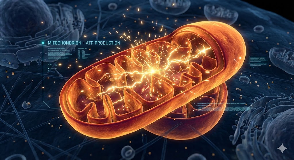 세포 내부의 미토콘드리아가 붉은빛을 내며 캡슐 모양으로 떠 있고, 그 주변으로 황금색 번개 모양의 에너지(ATP)가 방출되는 모습을 표현한 3D 의료 일러스트.