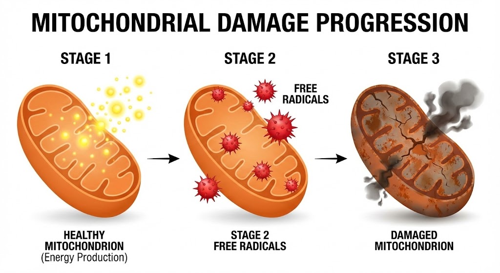 활성산소가 건강한 미토콘드리아를 공격하여 세포막을 손상시키고 노화를 유발하는 3단계 과정을 보여주는 의료 인포그래픽