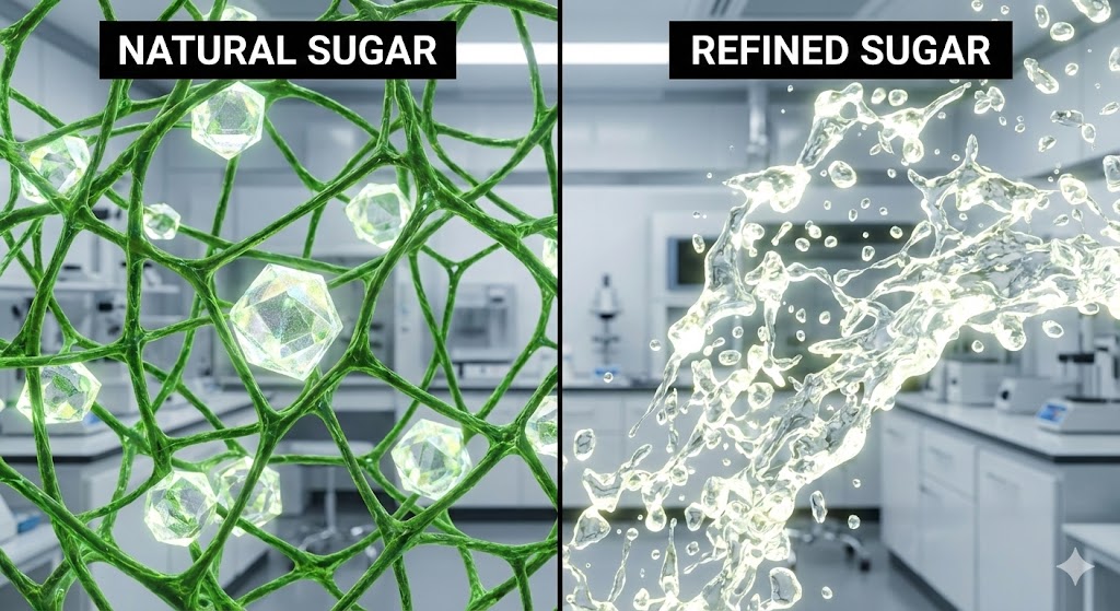Comparison illustration of natural sugar molecules in fiber matrix vs free refined sugar molecules