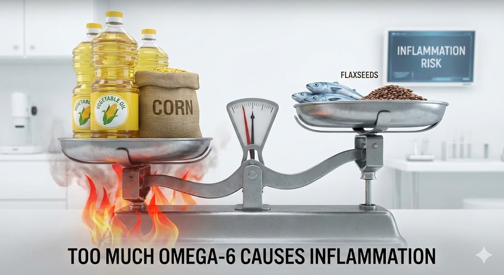 저울(Scale) 위에 놓인 지방산의 균형. 왼쪽에는 무거운 옥수수와 콩기름(오메가-6)이 쌓여 저울이 내려가 있고 그 밑에서 붉은 불꽃(염증)이 피어오름. 오른쪽에는 가벼운 생선과 올리브(오메가-3)가 높이 올라가 있는 불균형한 상태를 묘사한 3D 일러스트.
