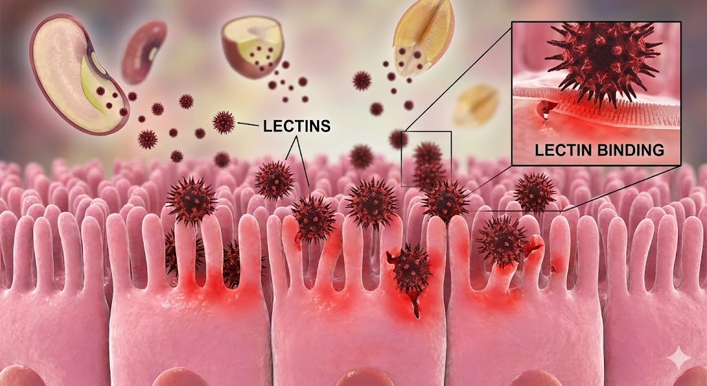 콩이나 곡물에서 유래한 뾰족하고 끈적해 보이는 식물성 독소(렉틴) 분자들이 인간의 소장 융모 표면에 달라붙어 세포를 손상시키는 모습을 묘사한 3D 의료 일러스트.