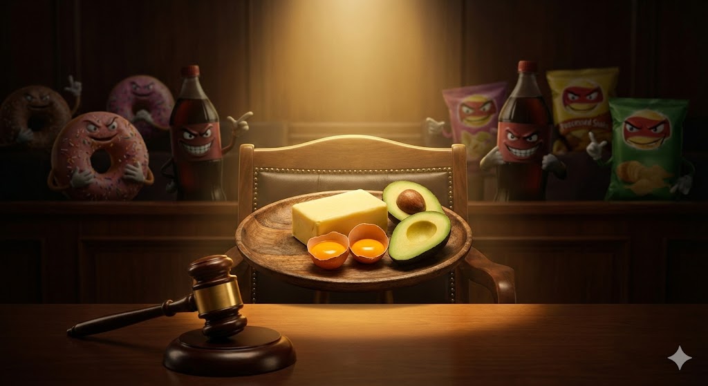 건강한 지방(계란, 버터)이 법정 피고석에 앉아있고, 진짜 범인인 설탕과 가공식품이 뒤에서 비웃고 있는 듯한 극적인 연출 사진.