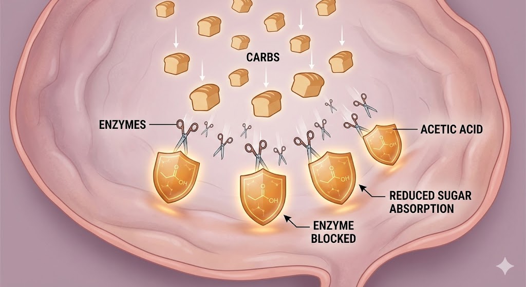 식초의 아세트산 성분이 소화 효소를 억제하여 탄수화물 흡수를 줄이는 과정을 설명한 인포그래픽