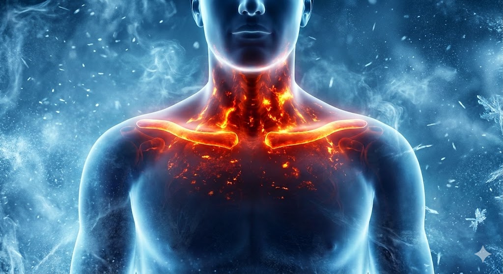 추운 환경에서 활성화되어 체열을 발생시키고 지방을 연소시키는 갈색 지방의 작용을 시각화한 3D 일러스트