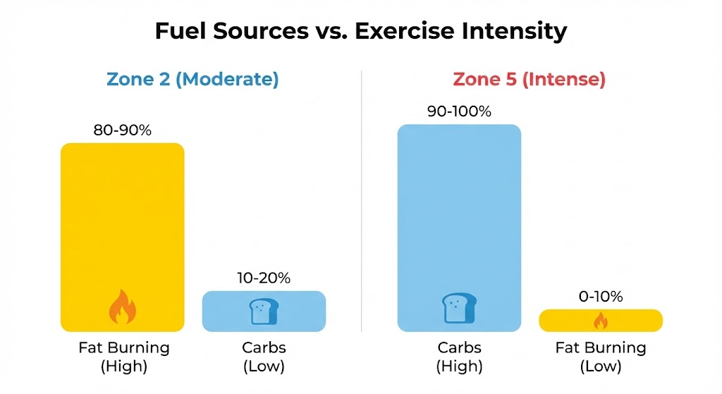 운동 강도에 따라 지방과 탄수화물 소모 비율이 어떻게 달라지는지 보여주는 존2 대 존5 비교 그래프