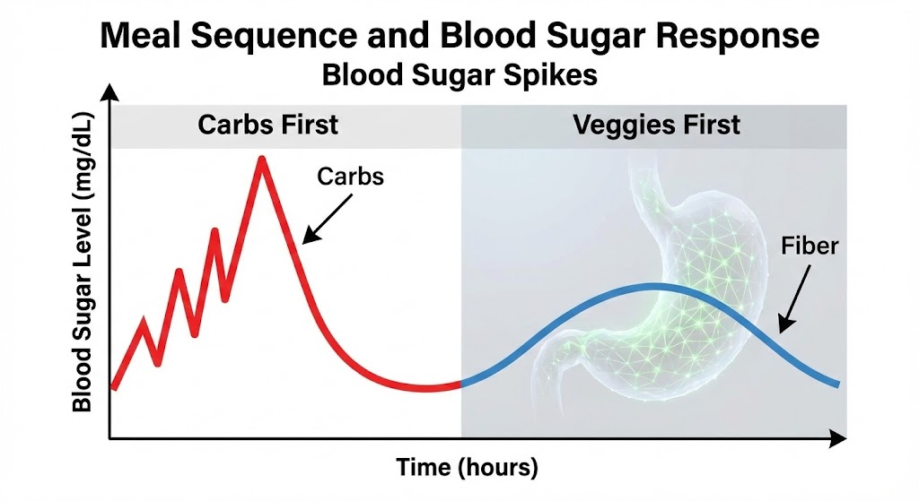 탄수화물을 먼저 섭취했을 때와 채소를 먼저 섭취했을 때의 혈당 변화 그래프 비교 인포그래픽