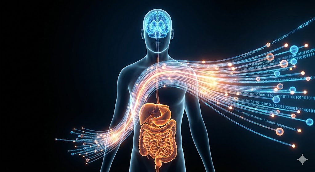 뇌와 장이 미주신경으로 연결되어 신호를 주고받는 장-뇌 연결축을 시각화한 3D 의료 일러스트