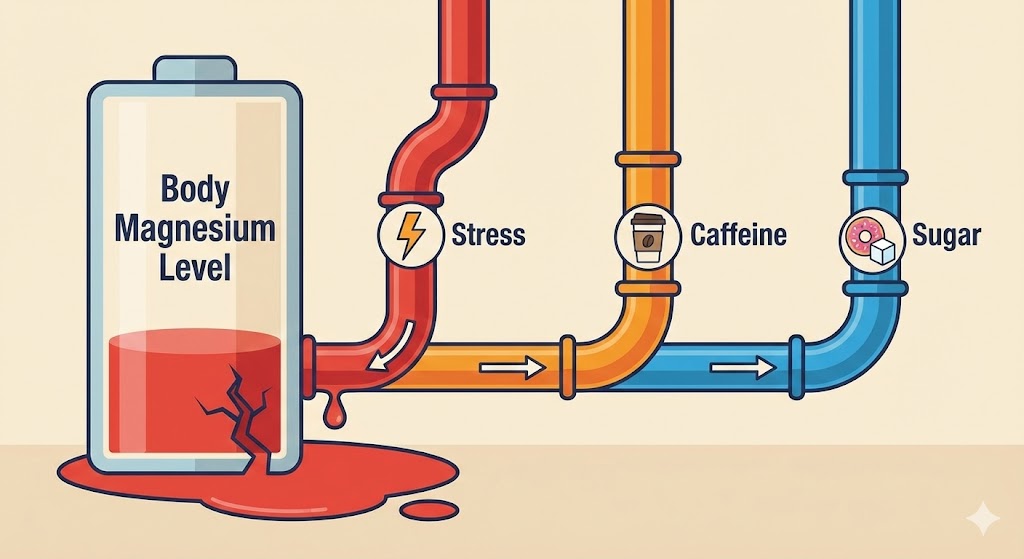 스트레스, 카페인, 설탕이 체내 마그네슘을 고갈시키는 과정을 보여주는 배터리 방전 인포그래픽