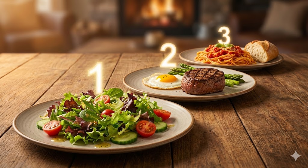 혈당 스파이크를 막기 위한 올바른 식사 순서(채소-단백질-탄수화물)를 시각화한 컨셉 이미지