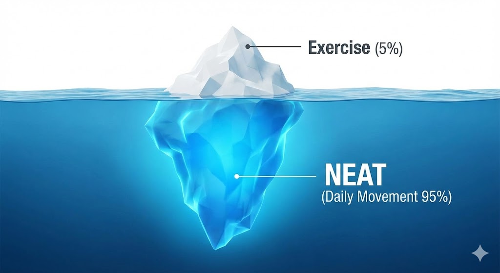 운동보다 일상생활 속 움직임인 니트(NEAT)가 칼로리 소모에 더 큰 비중을 차지함을 보여주는 빙산 이론 인포그래픽