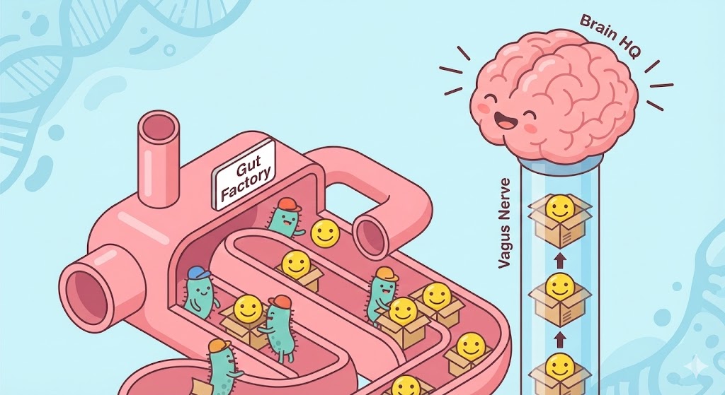장내 미생물이 행복 호르몬인 세로토닌을 생성하여 뇌로 전달하는 과정을 표현한 귀여운 인포그래픽