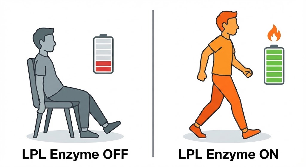 앉아 있을 때와 서서 움직일 때의 지방 분해 효소(LPL) 활성도와 칼로리 소모 차이를 비교한 일러스트