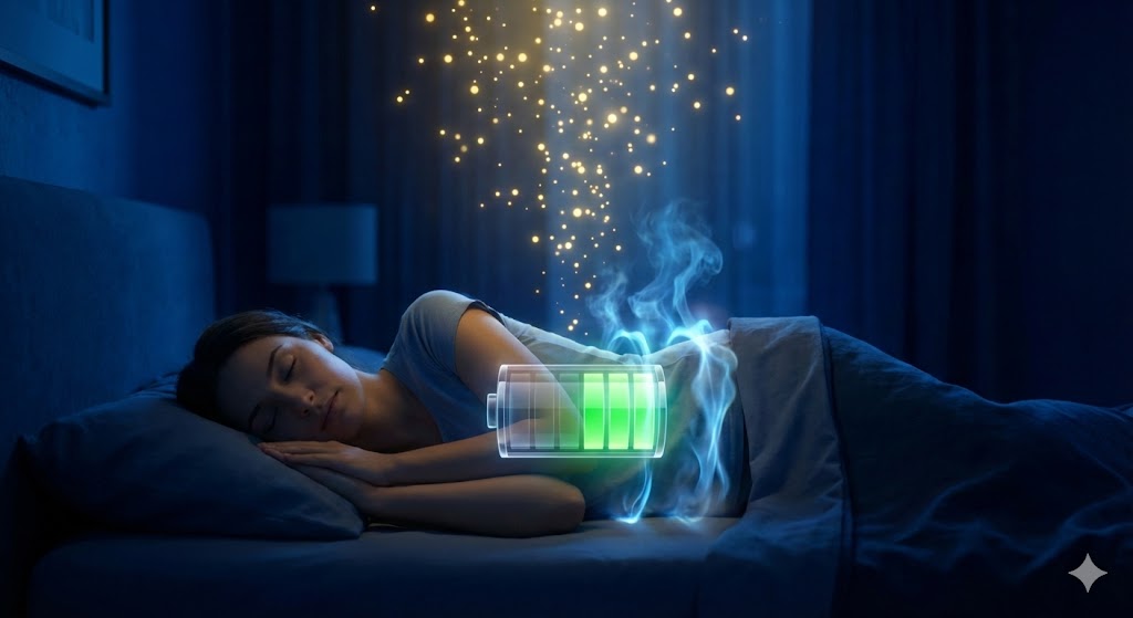 잠자는 동안 호르몬이 분비되어 배터리가 충전되고 체지방이 연소되는 과정을 표현한 수면 다이어트 컨셉 아트