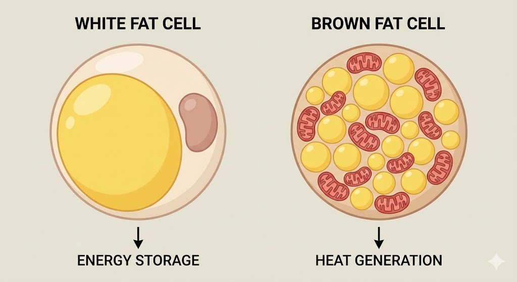 에너지를 저장하는 백색 지방 세포와 미토콘드리아가 풍부하여 열을 내는 갈색 지방 세포의 구조적 차이를 비교한 인포그래픽