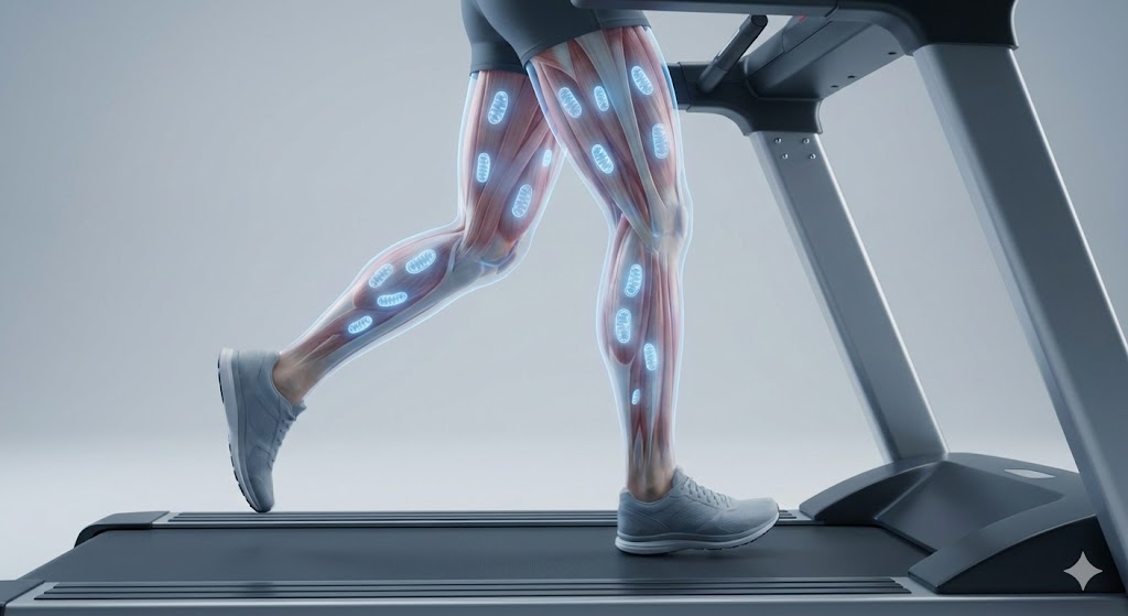 편안한 강도의 달리기인 존2 트레이닝이 근육 내 미토콘드리아를 활성화하여 지방을 연소시키는 과정을 시각화한 3D 일러스트